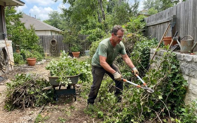 A gloved hand carefully clearing an overgrown patch of vines and brush near a wooden fence line in an Austin backyard