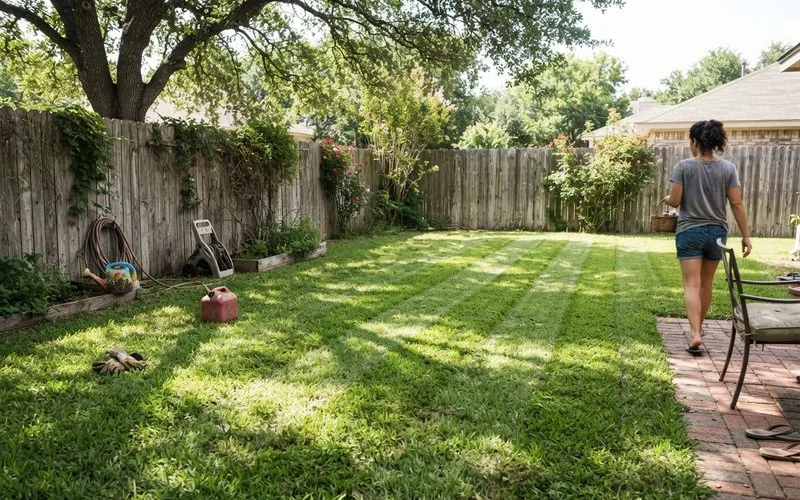 A residential Austin backyard with freshly mowed grass, trimmed edges along a flower bed, and a landscaping crew's mower parked nearby