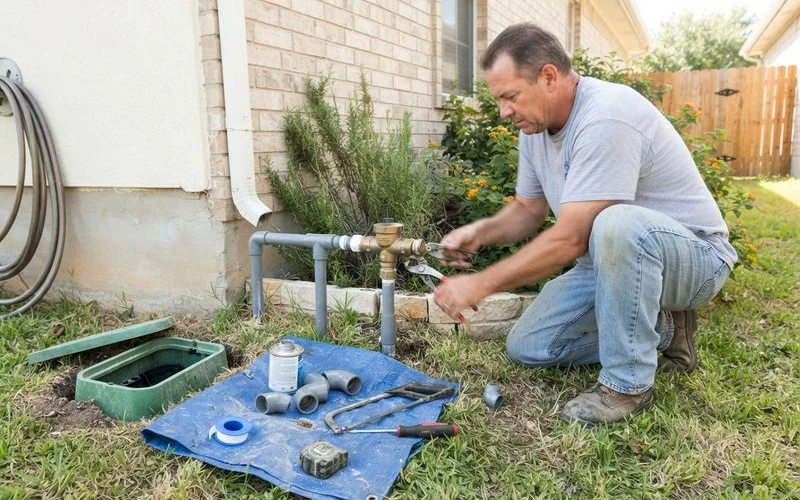 A close-up of an irrigation backflow preventer device installed above ground near a sprinkler system's main shutoff valve