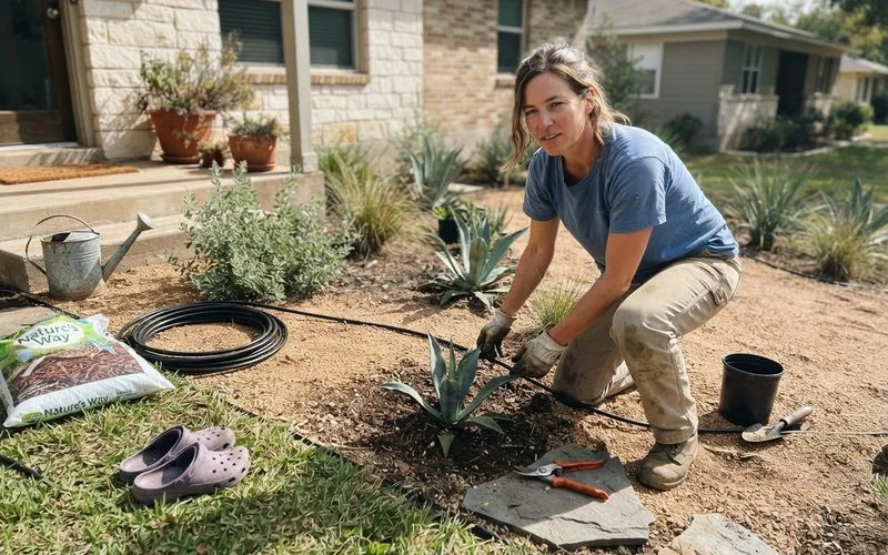A residential Austin front yard partially converted from turf grass to a drought-tolerant xeriscape bed with native plants and decomposed granite pathways