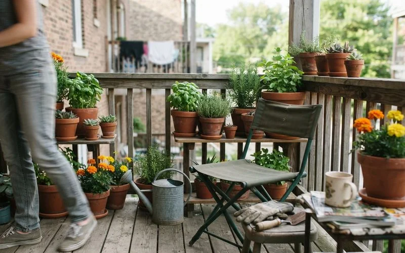 A rented Austin duplex with a well-maintained front lawn and a row of potted plants along the porch instead of in-ground garden beds