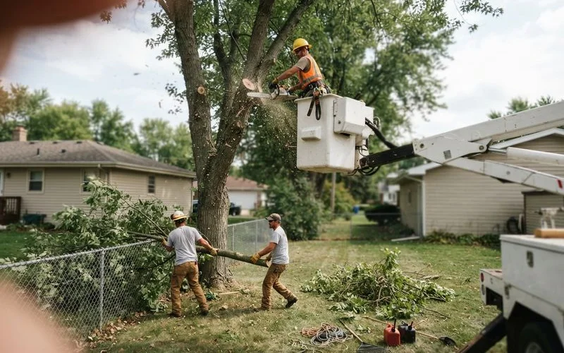 A tree service crew using ropes and a bucket lift to remove large branches from a mature oak tree in a residential Austin yard
